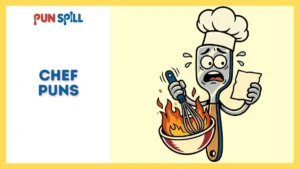 A panicked spatula wearing a chef hat whisking a bowl of fire, representing funny chef puns for cooks.