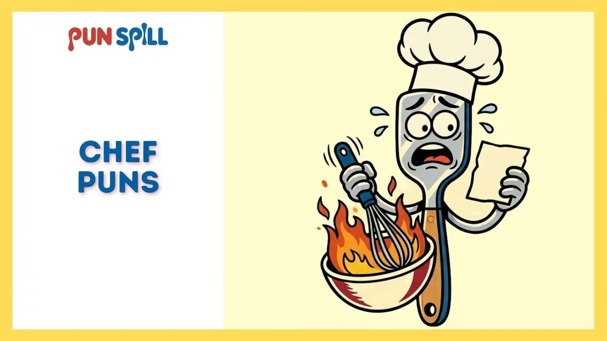 A panicked spatula wearing a chef hat whisking a bowl of fire, representing funny chef puns for cooks.