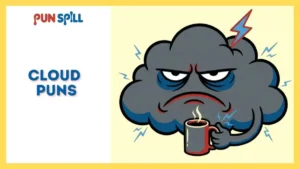 A grumpy, exhausted storm cloud drinking coffee representing moody storm and thunder puns.