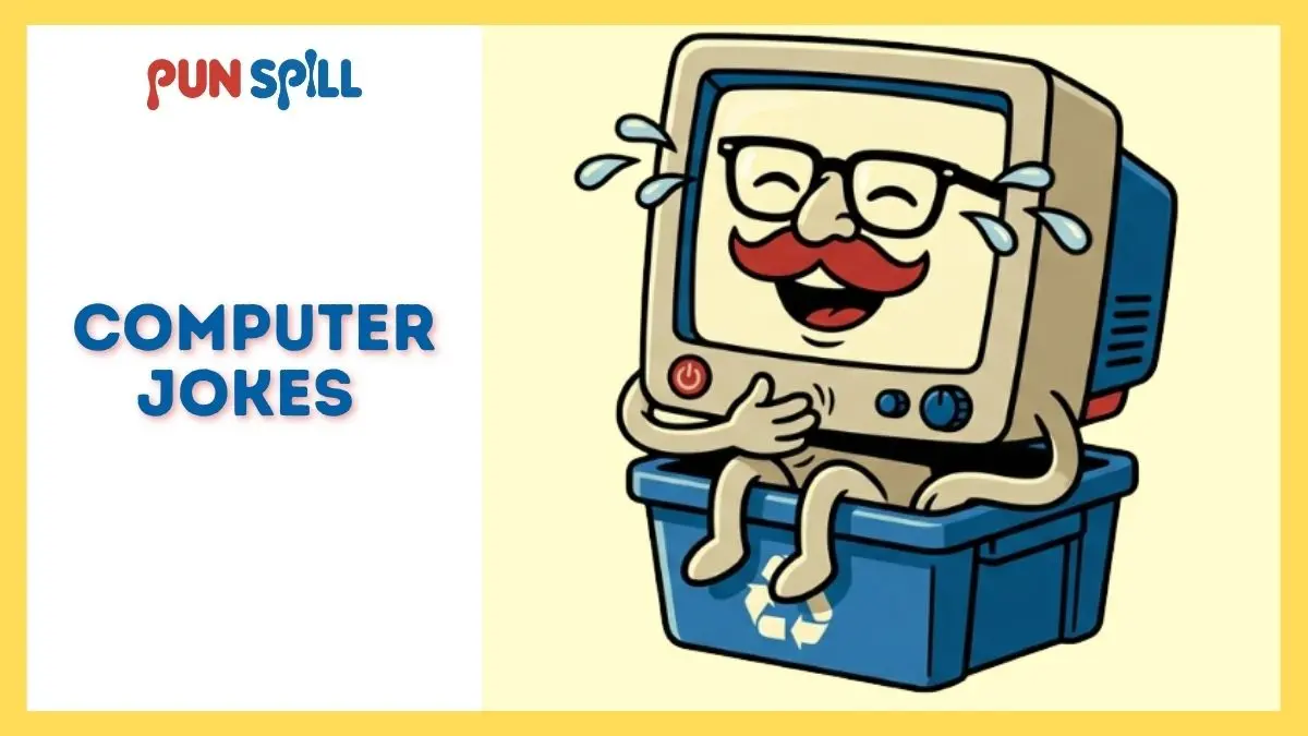 A retro computer monitor with a mustache laughing hysterically inside a recycle bin for corny computer dad jokes.