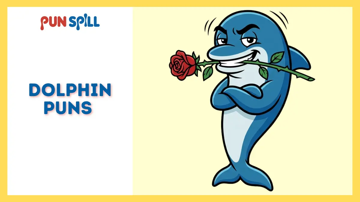 A confident cartoon dolphin holding a rose in its teeth and raising its eyebrows, illustrating romantic dolphin puns.