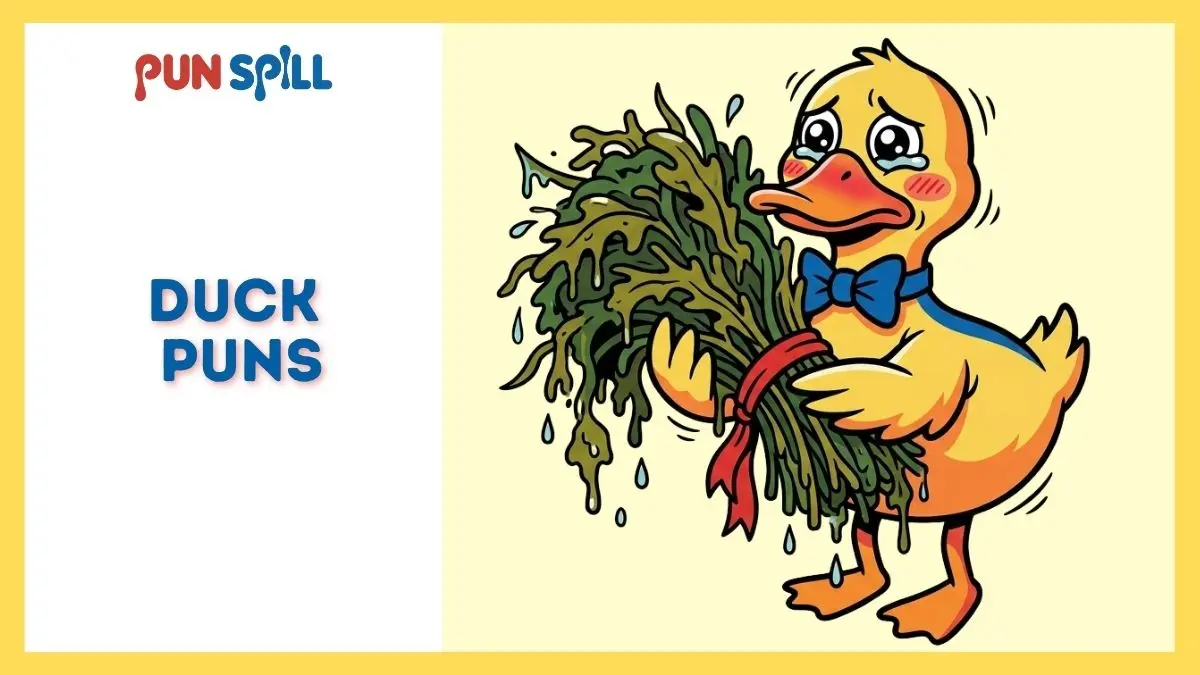A nervous duck holding a bouquet of pond weeds, representing romantic duck puns.
