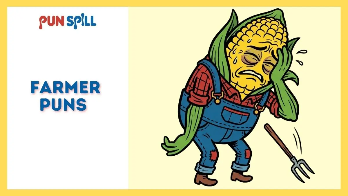 An anthropomorphic ear of corn in overalls facepalming in reaction to terrible farmer puns.