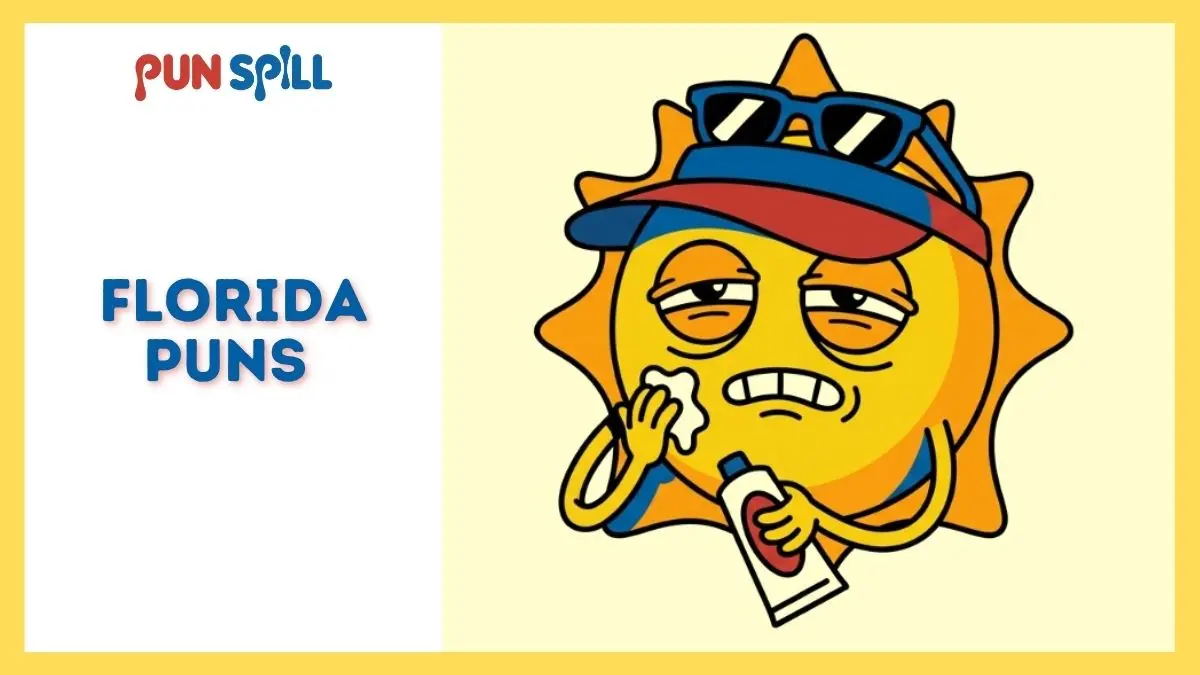 An exhausted anthropomorphic sun applying sunscreen for Florida puns.