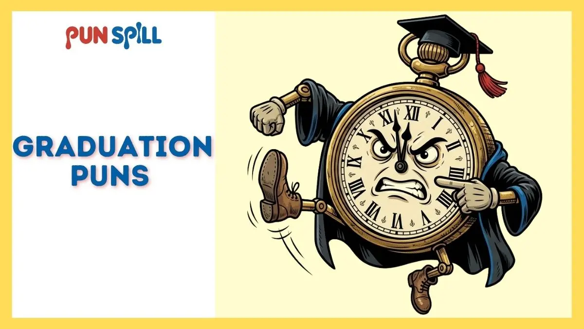 A furious pocket watch wearing a graduation gown and tapping its foot, illustrating short graduation puns for impatient relatives.
