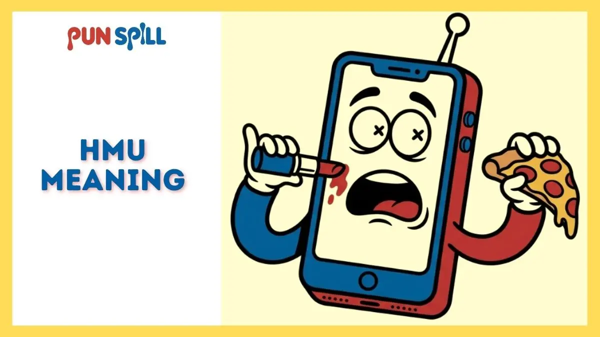 A confused cartoon phone trying to apply makeup while holding a slice of pizza to show the different meanings of HMU.