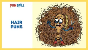 An exhausted hairbrush character trying to untangle frizzy hair representing funny hair puns.