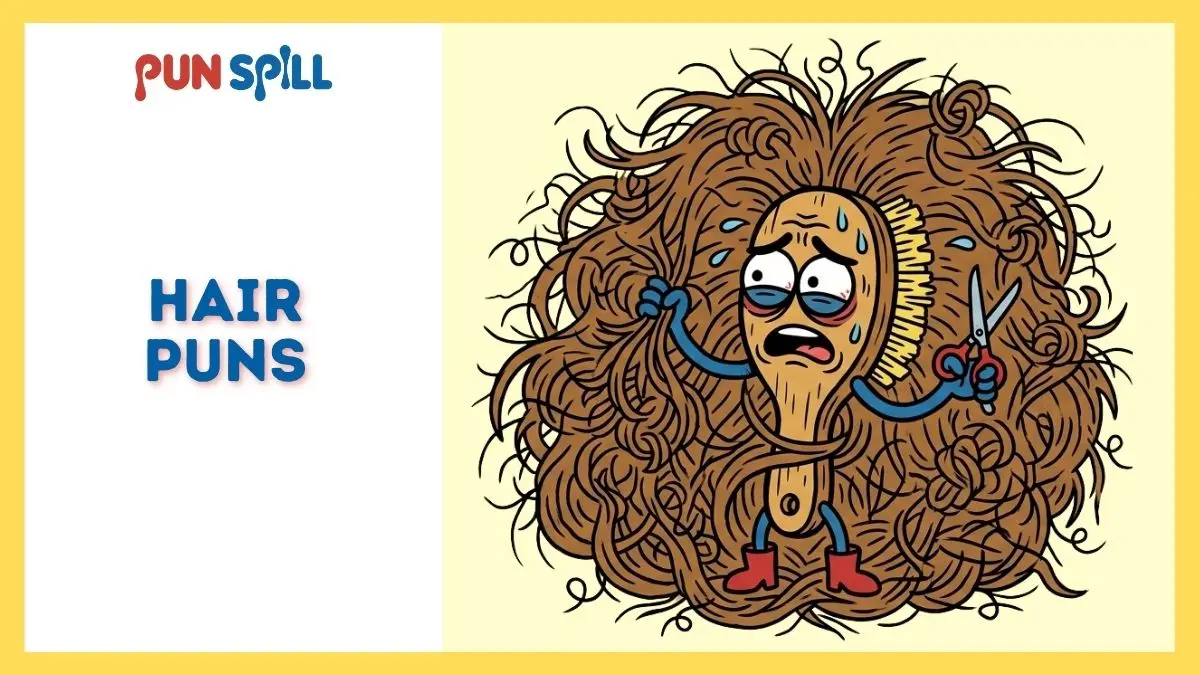 An exhausted hairbrush character trying to untangle frizzy hair representing funny hair puns.