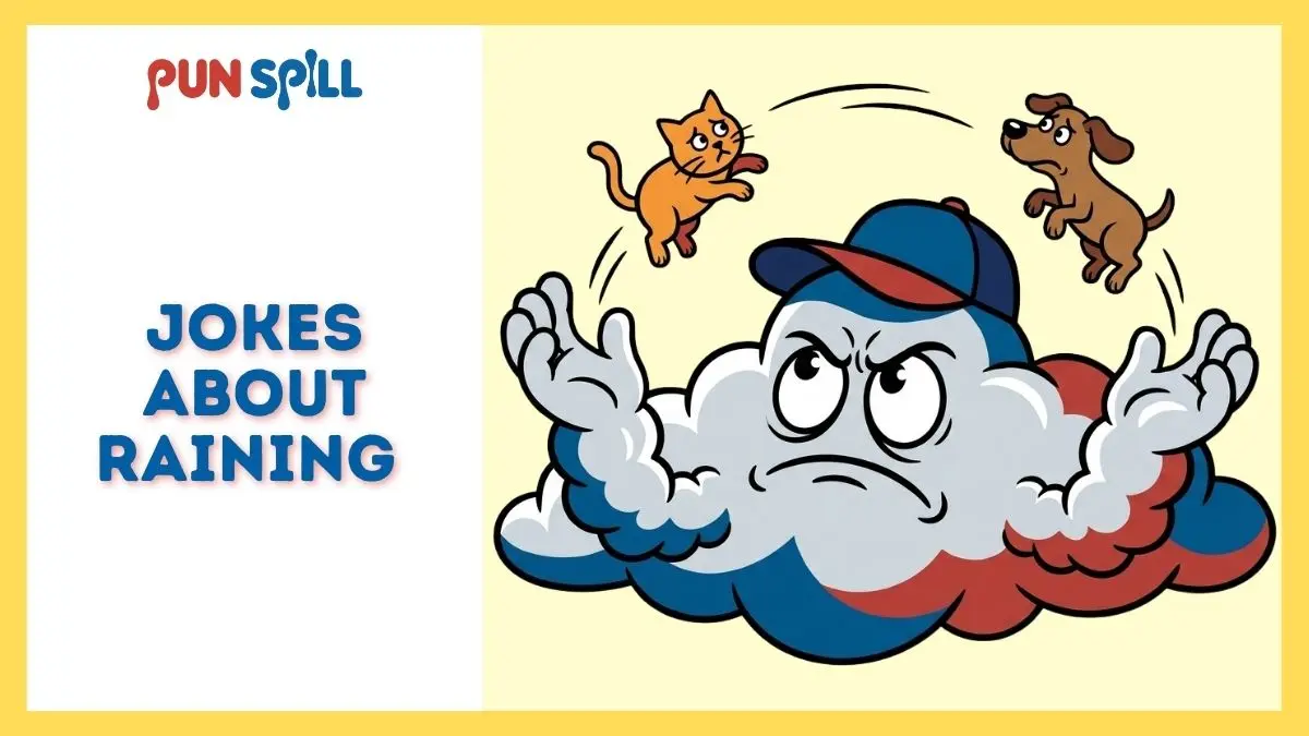 A grumpy cloud juggling a cat and a dog, matching animal jokes about raining.
