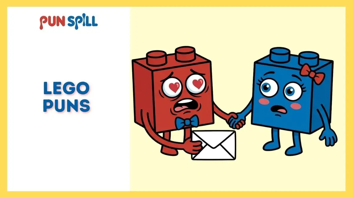 Two plastic building bricks holding hands and looking at each other romantically for a post about LEGO love puns.