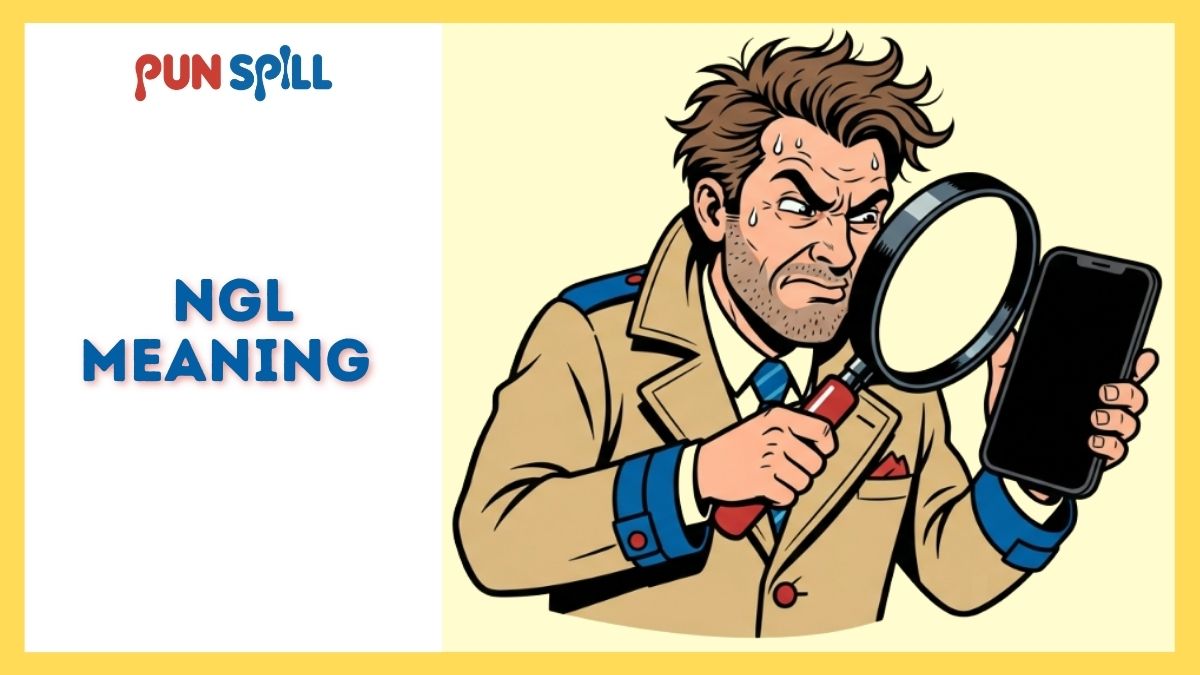A paranoid detective inspecting a blank smartphone screen with a giant magnifying glass to decode the NGL meaning.