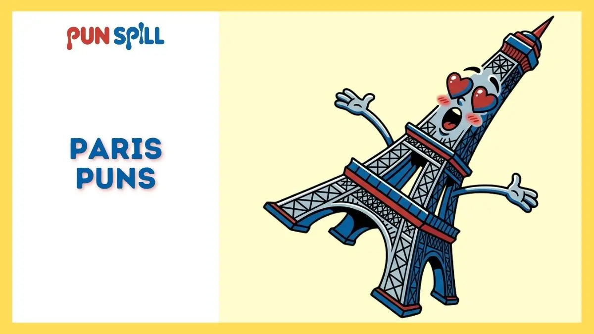 Cartoon Eiffel Tower character dramatically swooning with heart eyes for Paris puns