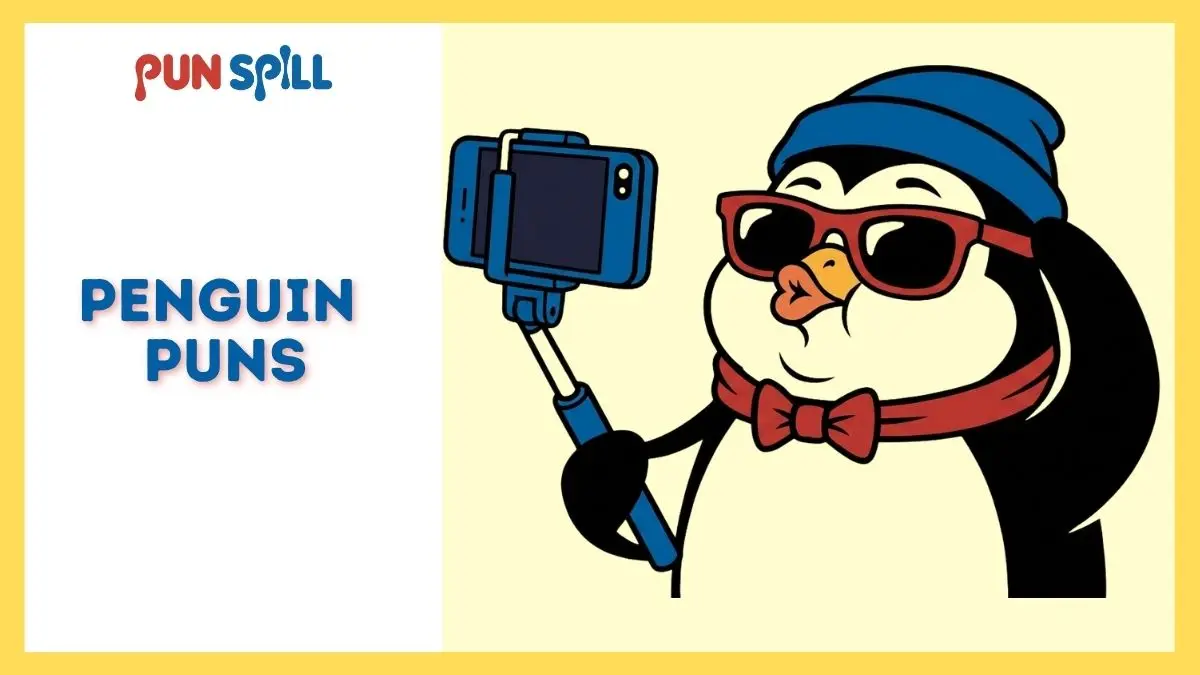A vain penguin taking a selfie with a smartphone to post snowy penguin puns on Instagram.