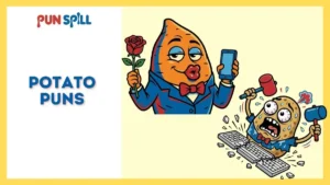 A frantic cartoon potato smashing a computer keyboard with mallets representing terrible potato puns. A confident cartoon sweet potato holding a blank smartphone and a rose trying to flirt.