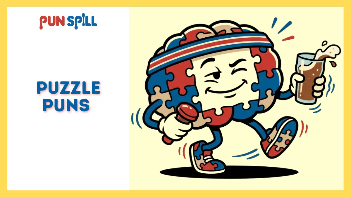 A smug anthropomorphic brain made of puzzle pieces ready for trivia, illustrating puzzle team names.