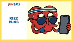 An anthropomorphic heart wearing sunglasses and sweating nervously while aiming finger guns at a blank smartphone, representing funny rizz puns to text your crush.