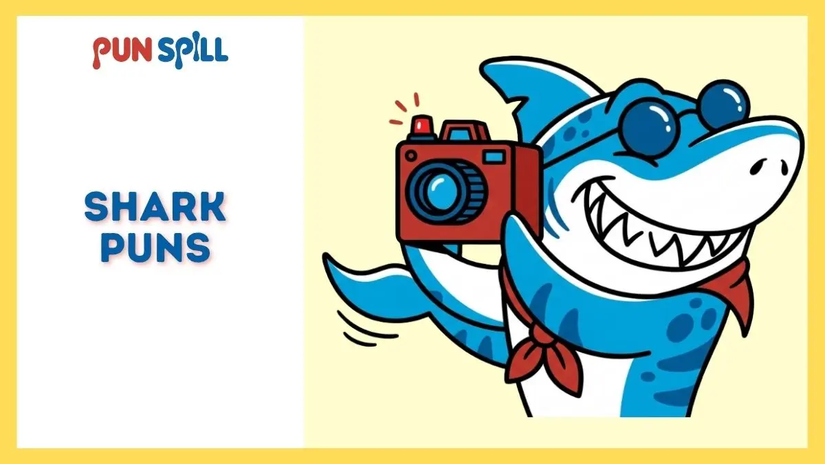 Cartoon shark holding an old-fashioned camera for witty shark captions and beach photos.