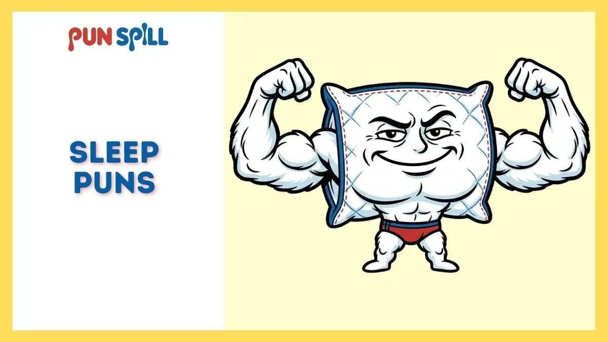 A smug cartoon pillow flexing its fluffy muscles, representing funny pillow puns.