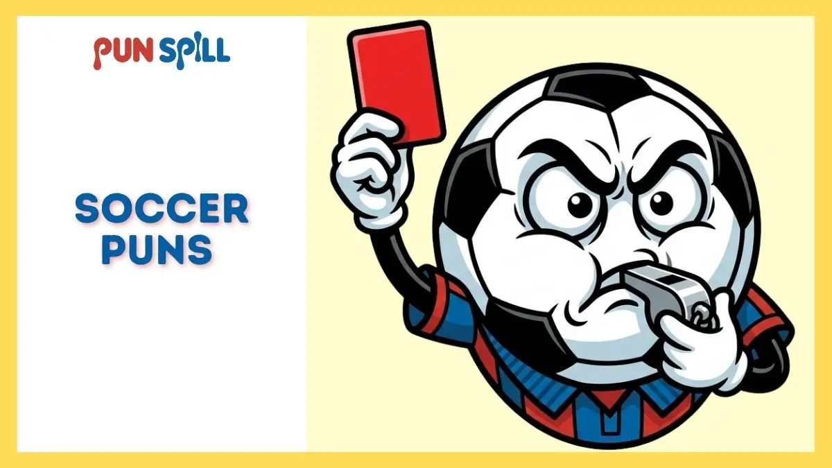 A funny anthropomorphized soccer ball referee angrily holding up a red card to represent terrible soccer puns.