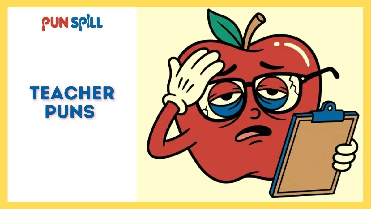 An exhausted cartoon apple wearing teacher glasses facepalming over a blank clipboard, representing funny teacher puns and jokes.