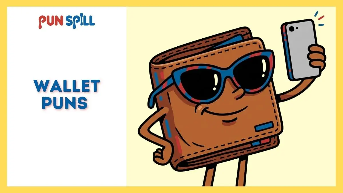 A flat and empty cartoon wallet taking a selfie with a blank smartphone for funny wallet puns and Instagram captions.