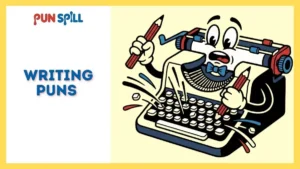 A frantic cartoon typewriter smashing its own keys with red pencils, representing classic writing puns.