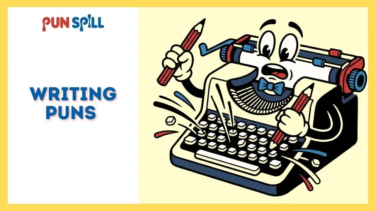 A frantic cartoon typewriter smashing its own keys with red pencils, representing classic writing puns.