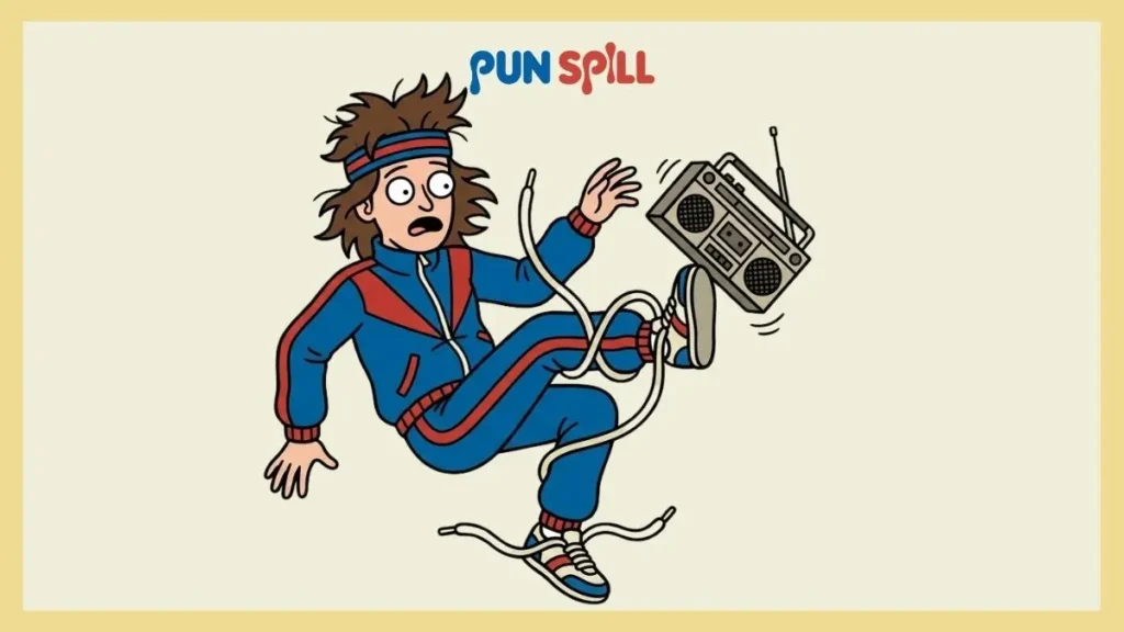A clumsy cartoon dancer tripping over their own feet while holding a retro boombox, illustrating funny dancing puns.