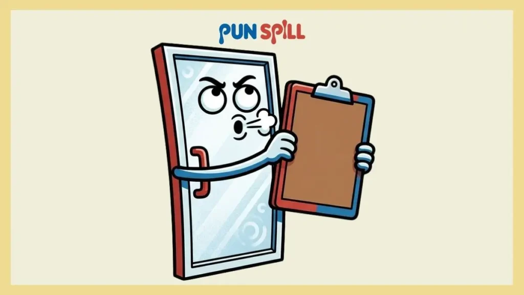 A glass office door rolling its eyes and holding up a blank clipboard like a shield.