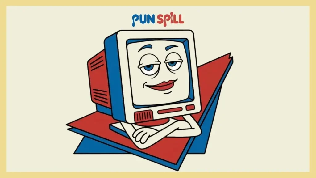 An anthropomorphic desktop computer looking deeply smug, illustrating quick engineer one-liners.