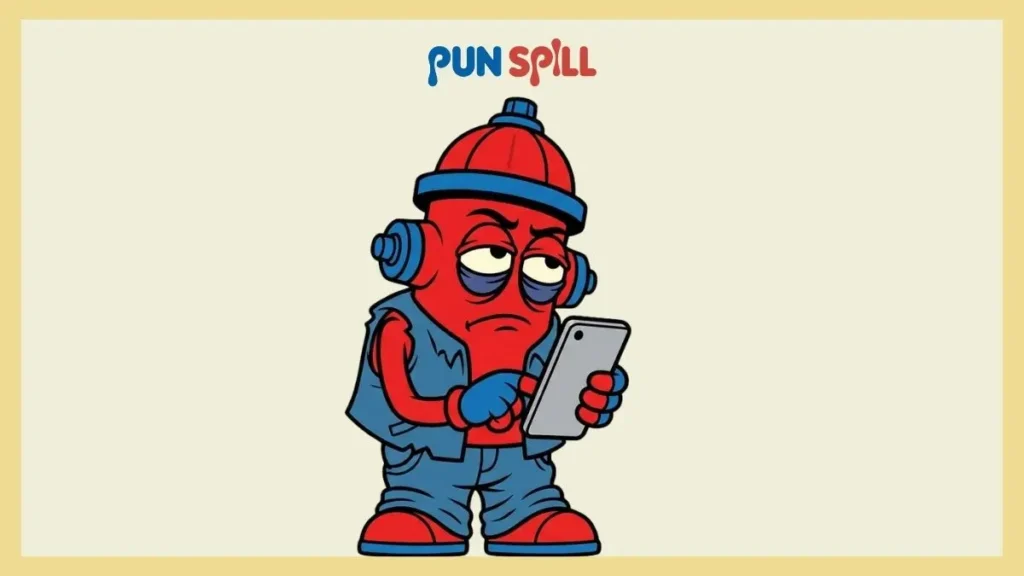 A cartoon fire hydrant rolling its eyes in annoyance while looking at a smartphone