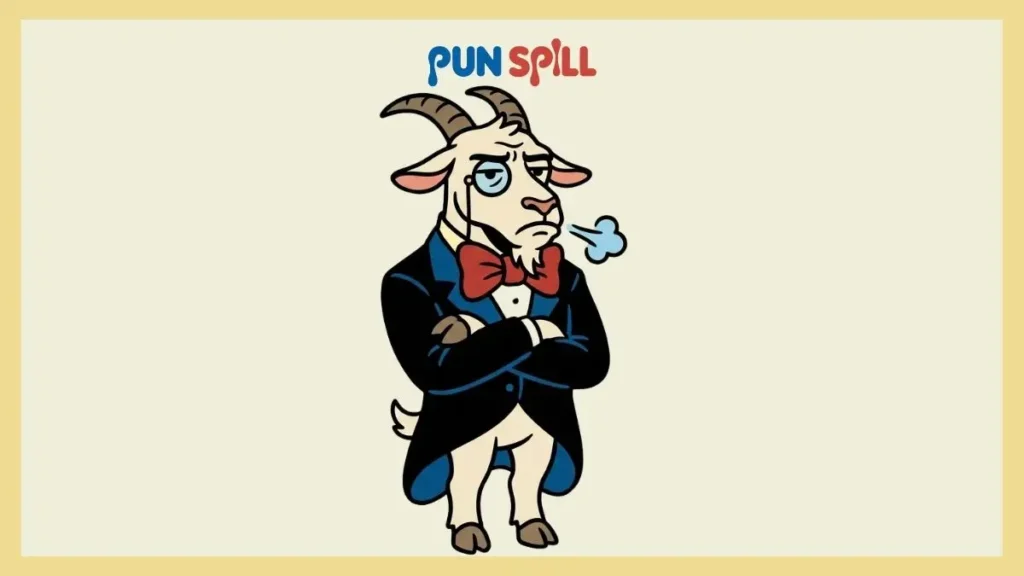 A suspicious cartoon goat wearing a fancy tuxedo and monocle, looking annoyed at being given a silly goat name.