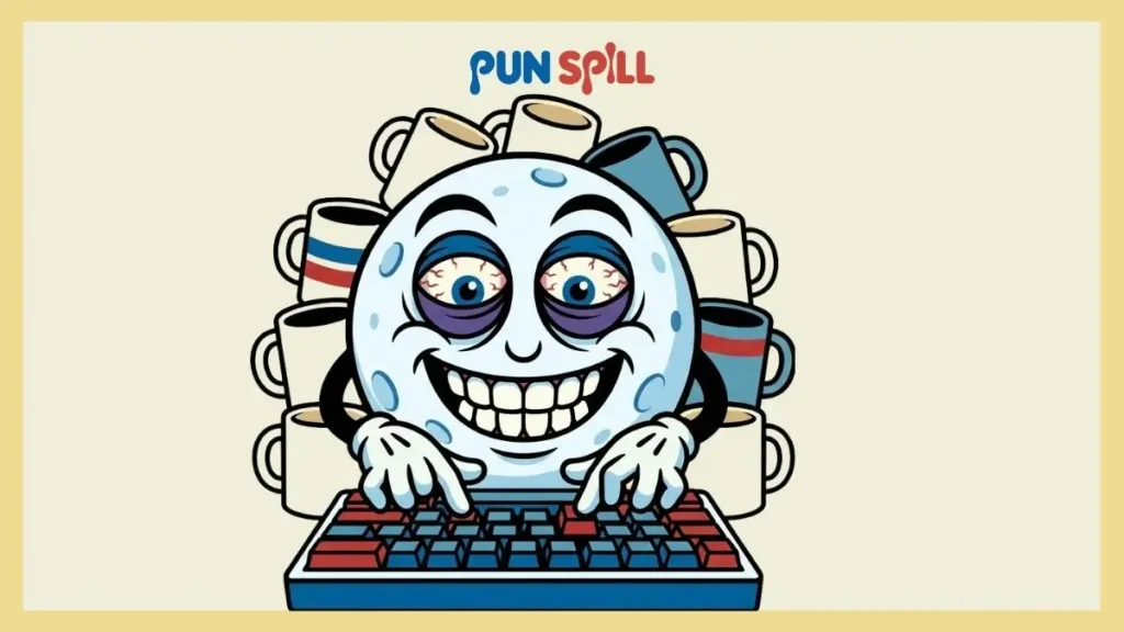 An exhausted cartoon moon typing frantically on a keyboard surrounded by coffee mugs, representing top-tier moon puns for internet humor.
