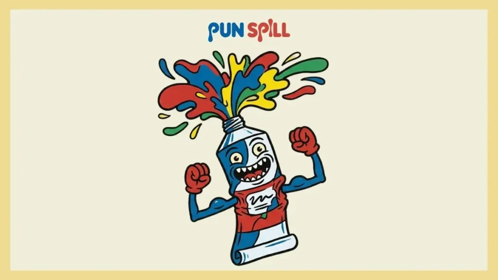 An energetic paint tube flexing its arms and aggressively squeezing out a splash of colors, representing a quick hue boost and rainbow puns.