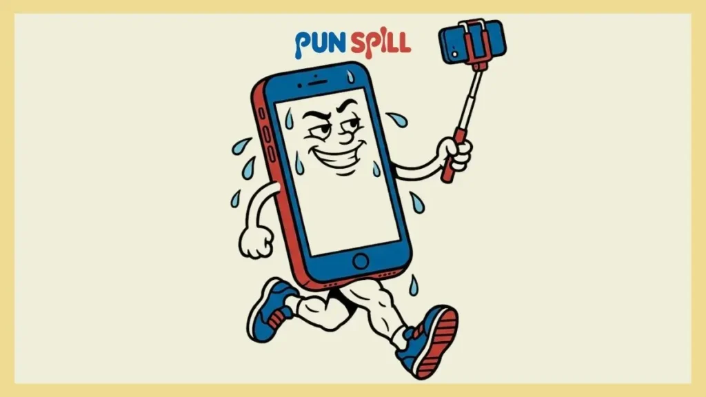 A sweating smartphone character jogging while taking a selfie, representing running social media flexes.