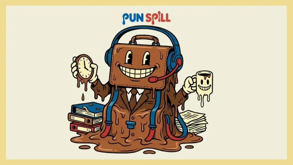 A corporate briefcase wearing a headset with a wide, unblinking smile while melting into a puddle.