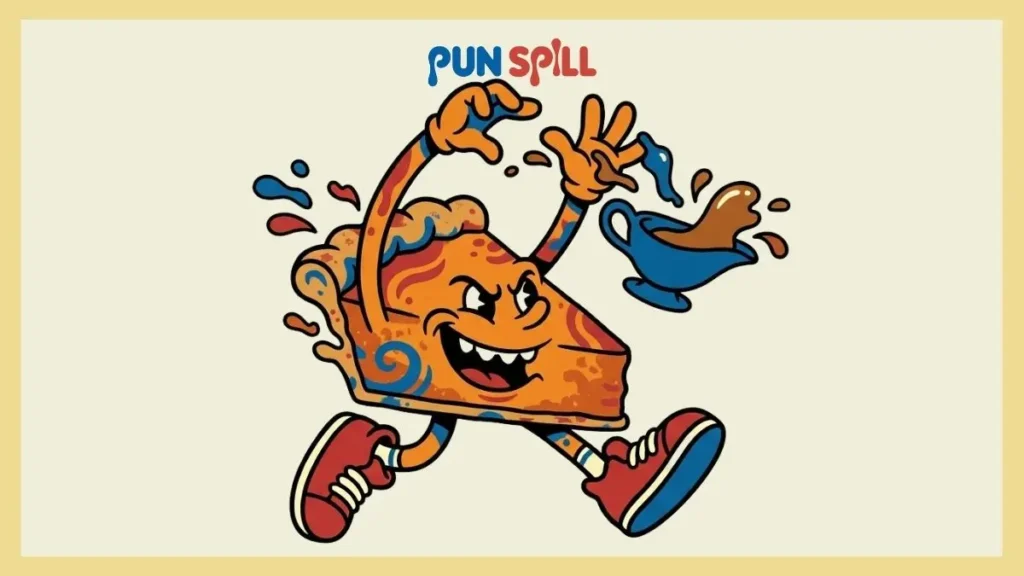 A chaotic slice of pumpkin pie screaming and causing drama at Thanksgiving dinner.