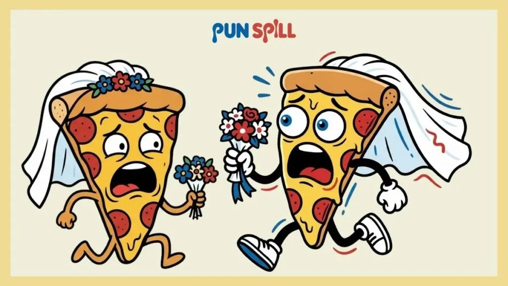 2 panicking slice of pizza wearing a bridal veil and running away, depicting wedding food puns.