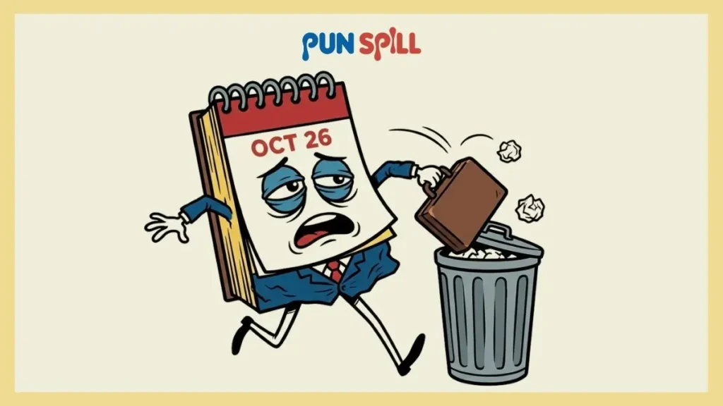 An exhausted calendar running away from a briefcase to celebrate the weekend.