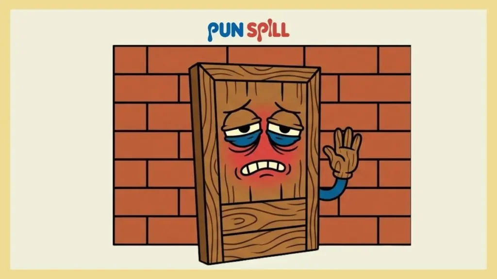 A cartoon wooden door looking embarrassed while trying to knock on another door.