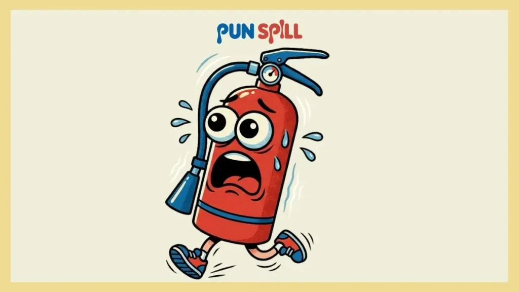 A frantic cartoon fire extinguisher sprinting on tiny legs with a panicked expression