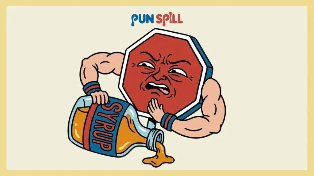 A disgusted stop sign character aggressively pushing away a bottle of sticky syrup to represent stopping the glazing meaning slang.