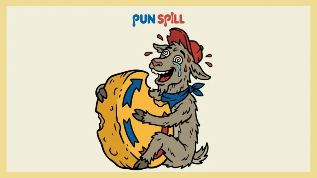 A greedy cartoon goat passionately hugging a giant wheel of cheese, visualizing cheesy goat puns.