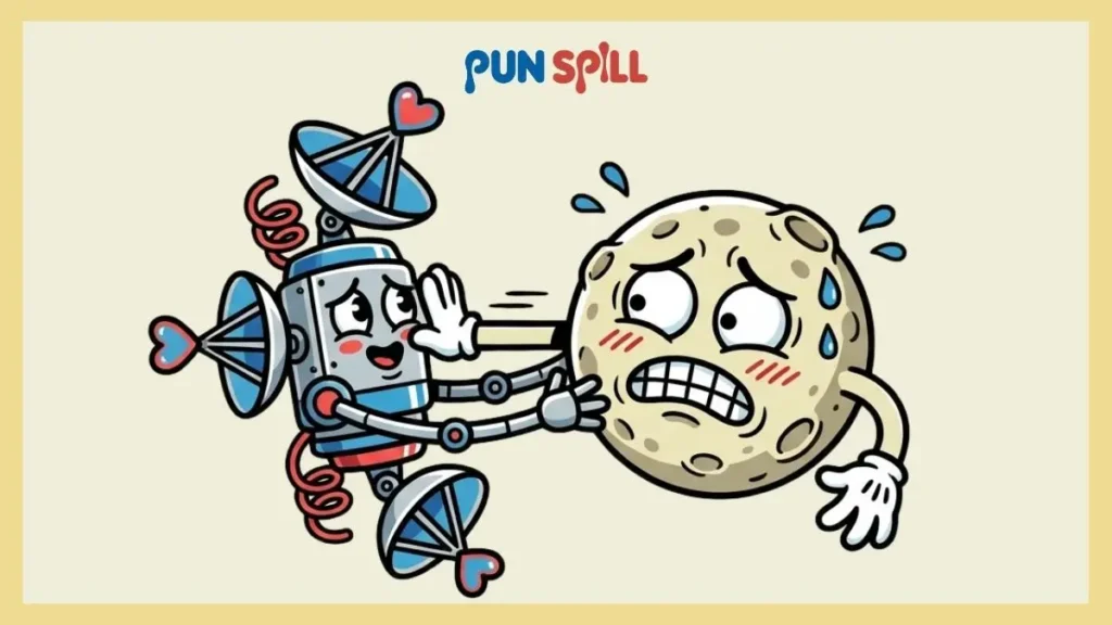 A panicked cartoon moon aggressively pushing away an overly affectionate satellite, showing romantic moon puns for couples who need space.