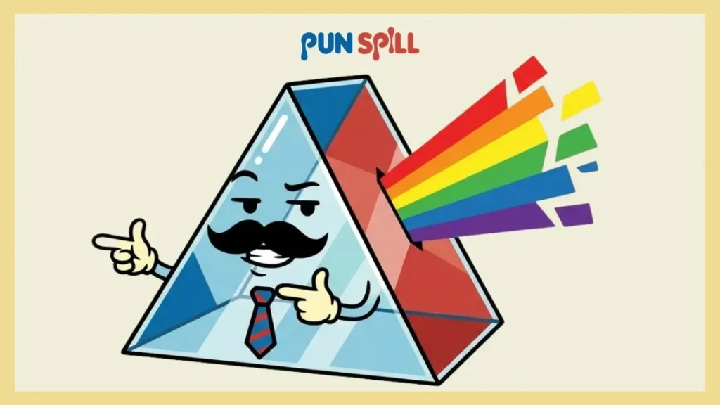 A smug glass prism with a cheesy dad mustache pointing finger guns confidently, representing terrible rainbow dad jokes and light sentences.