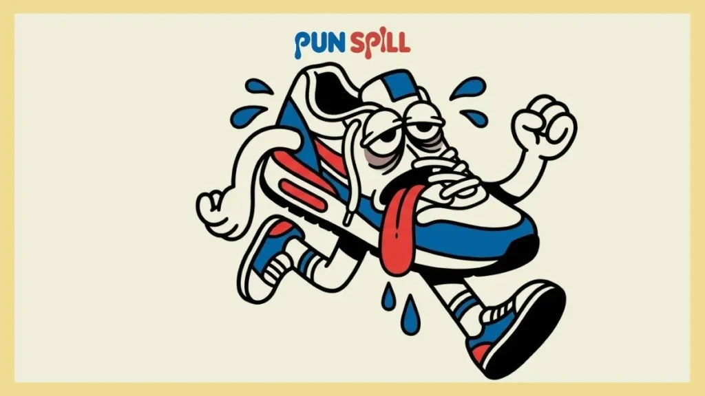 An exhausted cartoon running shoe sprinting desperately, representing funny running puns for a 5K race.