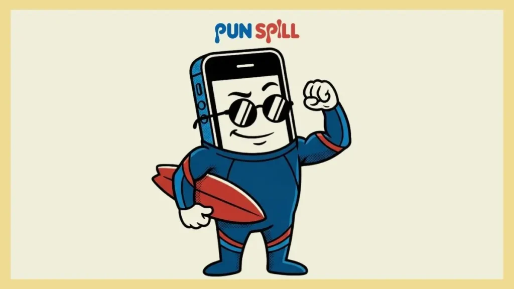 A smug smartphone wearing sunglasses and a wetsuit flexing its muscles