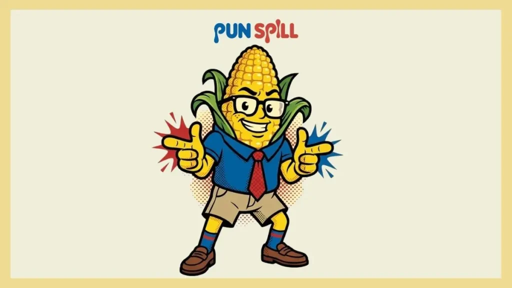 A proud cartoon corn on the cob dressed as a dad delivering corny Thanksgiving puns.
