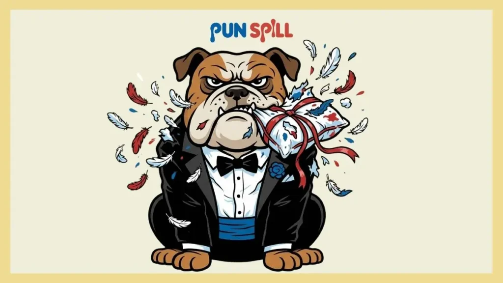 A grumpy bulldog character wearing a tuxedo and aggressively chewing a wedding ring pillow, representing dog wedding puns.