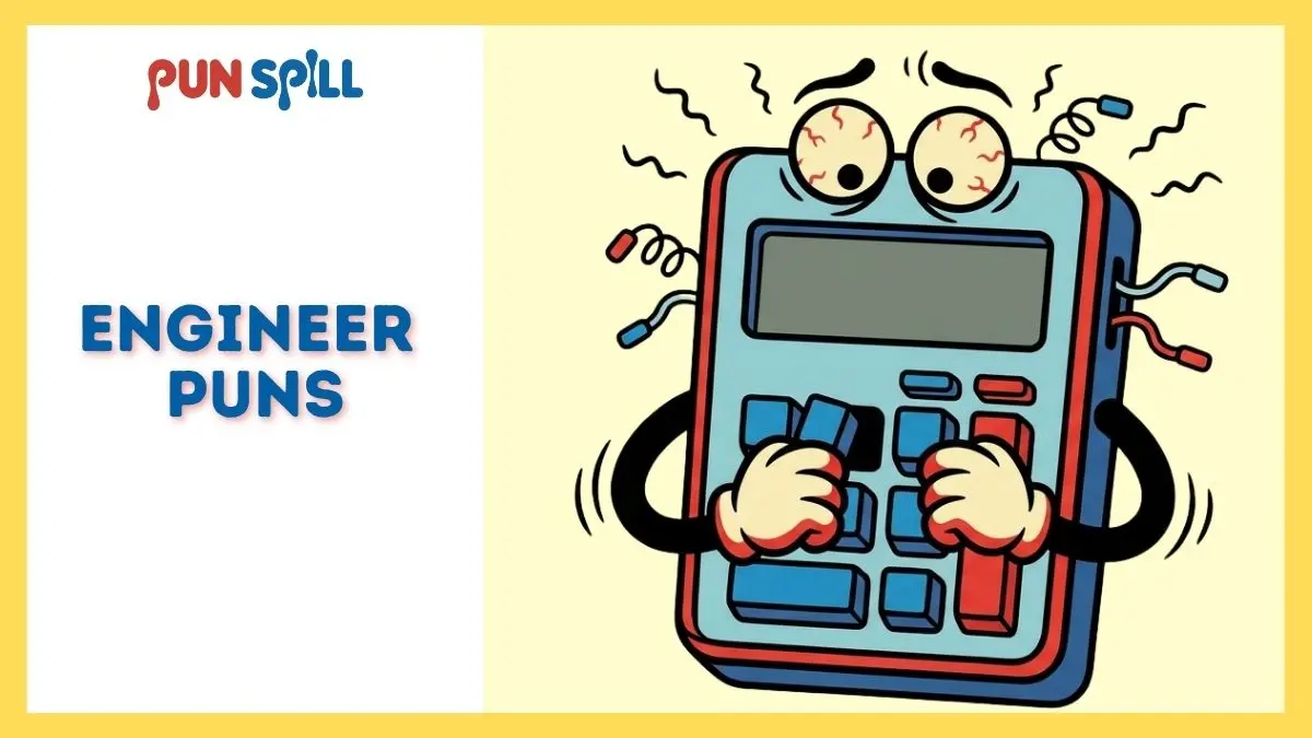 A frustrated calculator character pulling its own buttons out, representing funny engineer puns.